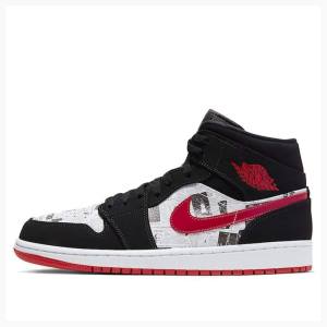 Air Jordan 1 Nike Mid SE Newspaper Air Times Zapatillas Baloncesto Hombre Negras Blancas Rojas | JD-649AH