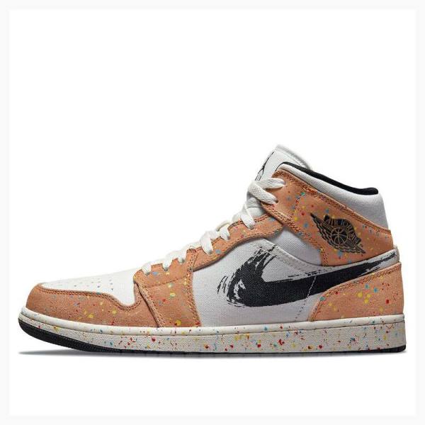 Air Jordan 1 Nike Mid SE Brushstroke Zapatillas Baloncesto Hombre Blancas Marrones | JD-984IA